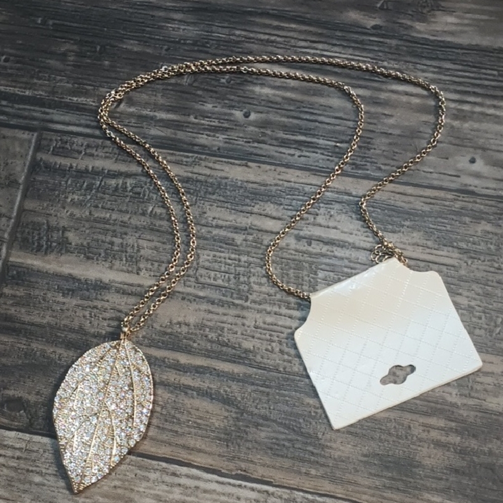 Jules B Rhinestone Statement Necklace Gold Tone Leaf Pendant